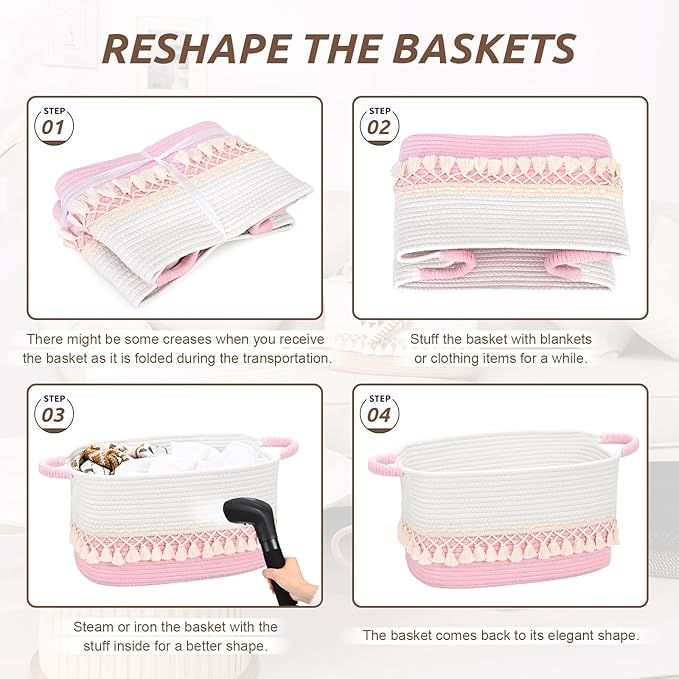 3 Pack Storage Basket for Shelves, Boho Cotton Rope Storage Bins with Heavy Tassel, Shelf Baskets Large Woven Baskets for Organizing, Cube Organizer Bins, Baby Laundry Basket for Clothes, Toys, Pets