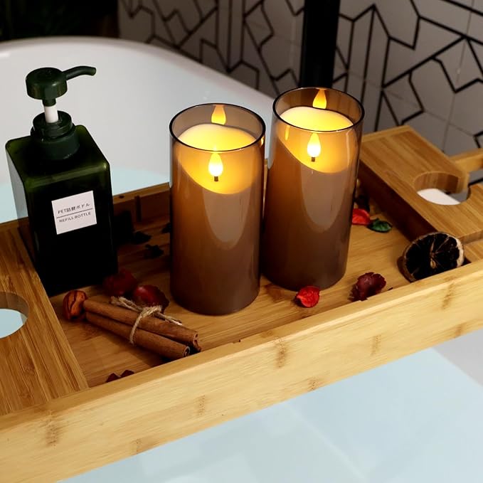 NURADA Flameless Candles with Remote Timer: 3D Wick Battery Operated Led Pillar Candle Unbreakable Acrylic Fake Candle Set for Home Decoration Romantic Ambiance- Grey 2 Pack