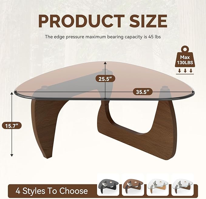Modern Glass Coffee Table, Triangle Center Table with Tempered Glass Top& Unique Wooden Base, 35.5” Mid Century Tea Tables for Living Room, Apartment, Office,Walnut & Brown