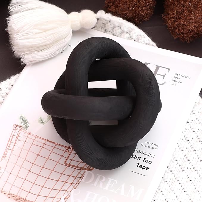 3 Link Wood Knot Decor - Hand Carved Coffee Table Decoration, Boho Chain Link Decor, Modern Shelf, Rustic Objects for Home Living Room Bedroom(Black)