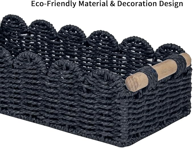 CubesLand Scalloped Edge Decor Basket for Living Room, Home, Bathroom, 2SAME SIZE Paper Rope Baskets, Toilet Storage Baskets for Over Toilet Storage Shelf, Cozy Woven Basket Both Storage&Decor, Black
