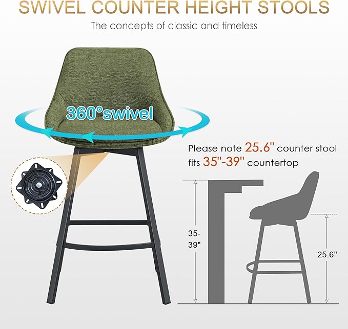 Zesthouse Swivel Bar Stools Set of 4, Modern Counter Height Barstools with Backs, 26'' Upholstered Linen Fabric High Chairs for Island Kitchen, Counter Height Chairs with Metal Legs, Green