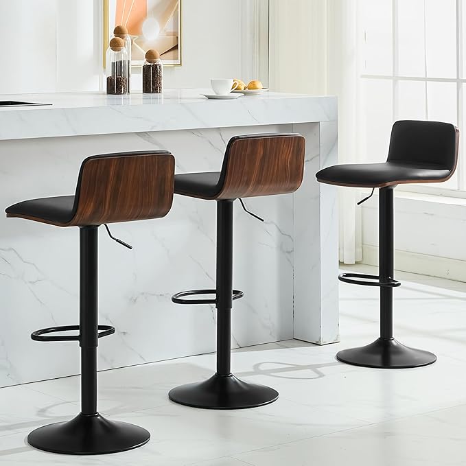 Set of 3 Swivel Bar Stools Adjustable Height, Faux Leather Barstools with Wooden Back and Footrest, Counter Height Bar Height Chairs for Kitchen Island, Dining Room, Black