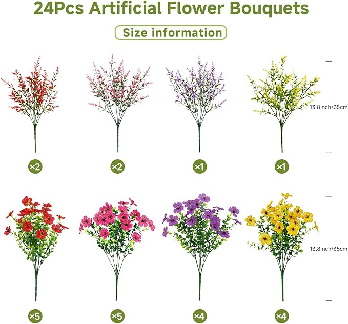 SHareconn 24 Bundles Artificial Flowers for Outdoors Decoration, Faux Plants Fake Silk Colorful Daisy Eucalyptus Lavender, UV Resistant for Outside Home Porch Patio Spring Decor, RedRosyPurpleYellow