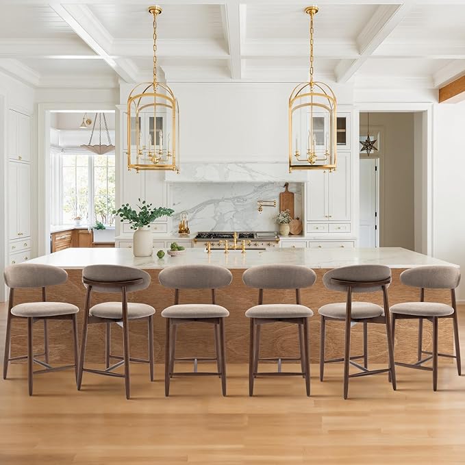 COLAMY Upholstered Counter Height Bar Stools Set of 6, Kitchen Island Stools with Back, Modern Counter Stools Island Bar Chairs with Wood Legs for Kitchen Island Dining Room Bar, Camel