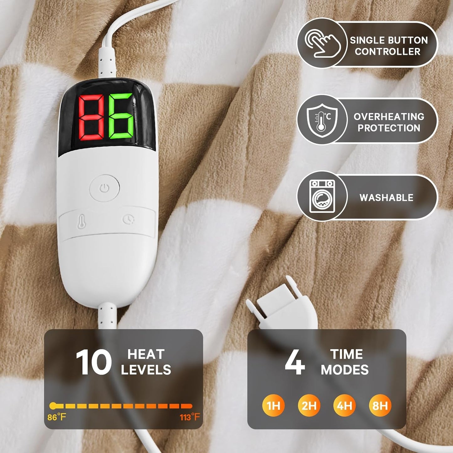 Light Brown Heated Throw Blanket Electric, 50X60 Heating Blanket with 10 Heat Levels & 8 Hours Auto Off for Lap, Checkered Plaid Soft Sherpa Blankets Warmer Gifts for Couch Grandma Women Adults, ETL