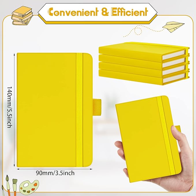 40 Pieces Small Notebooks A6 Pocket Journals 3.5 x 5.5 Inch Small Leather Notebook Mini Ruled Lined Journal with Elastic Band Pen Holder Page Marker Ribbons (Yellow)