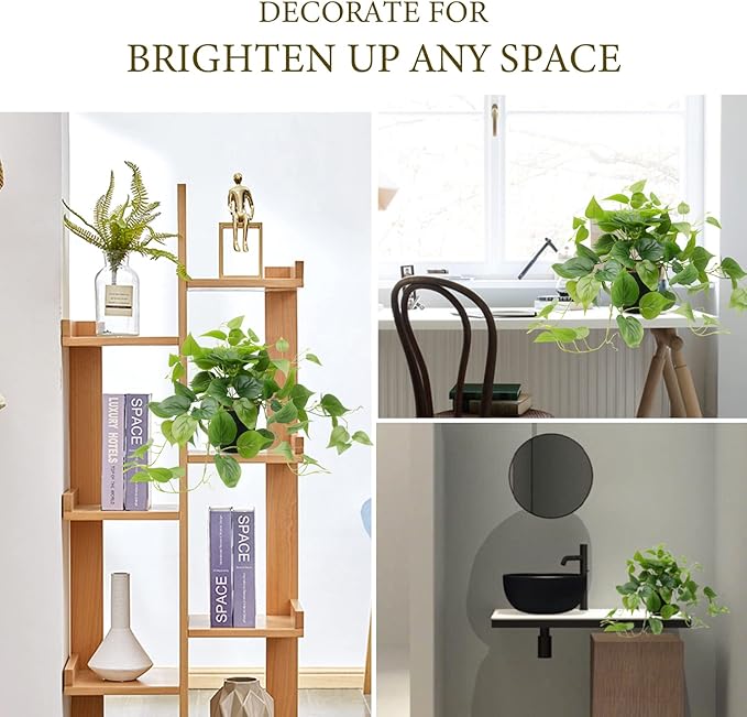 LOYWREE Artificial Scindapsus Aureus Fake Pothos Plants in Black Pots - Realistic Faux Indoor Greenery for Home, Office, Desk, Shelf, Living Room, Bedroom, Balcony, Patio & Garden Decor