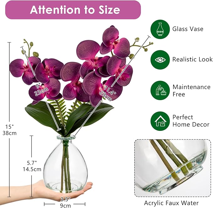 Purple Orchids Artificial Flowers, Faux Orchid in Glass Vase Real Touch Small Phalaenopsis Orchid Flowers Arrangements with Clear Vase Orchid Centerpiece for Dining Room Table