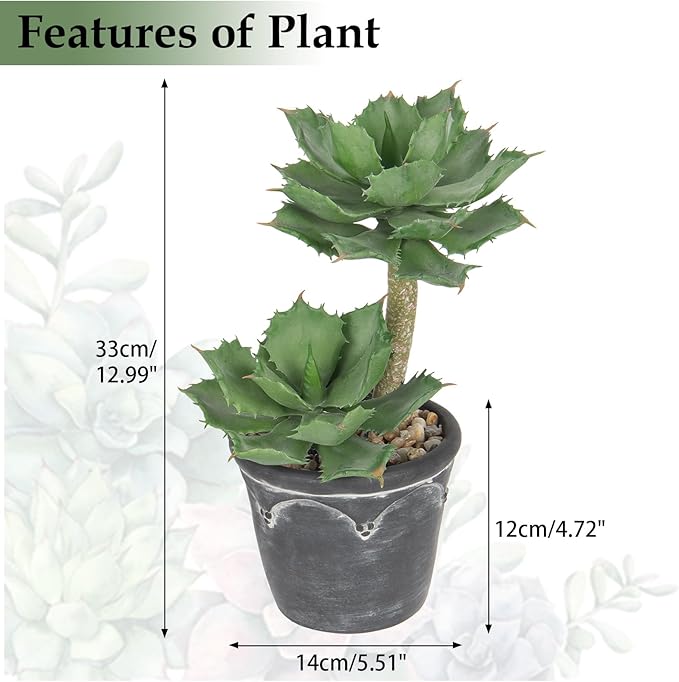Hollyone Large Artificial Succulent Plants Fake Two-Head Succulent Agave Plant Potted 13" Faux Plant in Vintage Cement Pot Succulent Aloe Plant Indoor for Home Office Living Room Table Shelf Decor