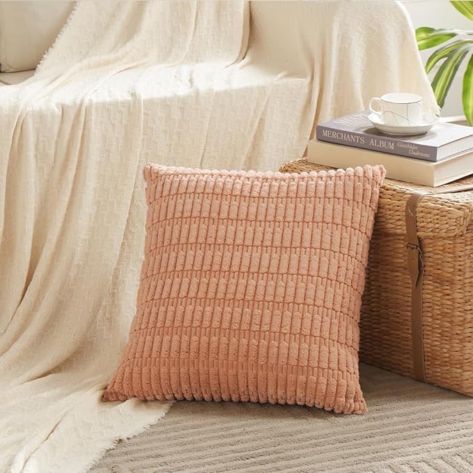Fancy Homi 2 Packs Peach Farmhouse Decorative Throw Pillow Covers 20x20 Inch for Living Room Couch Bed Sofa, Rustic Boho Home Decor, Soft Striped Corduroy Square Cushion Case 50x50 cm