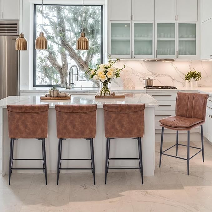 CIMOTA Leather Counter Height Bar Stools Set of 4, Modern 26 Inch Upholstered Barstools with Back and Metal Legs, Comfortable Kitchen Island Chairs, PU Brown