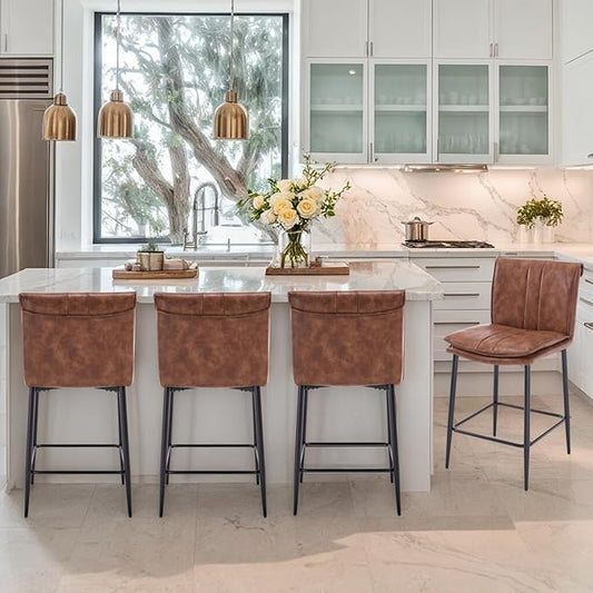 CIMOTA Leather Counter Height Bar Stools Set of 4, Modern 26 Inch Upholstered Barstools with Back and Metal Legs, Comfortable Kitchen Island Chairs, PU Brown