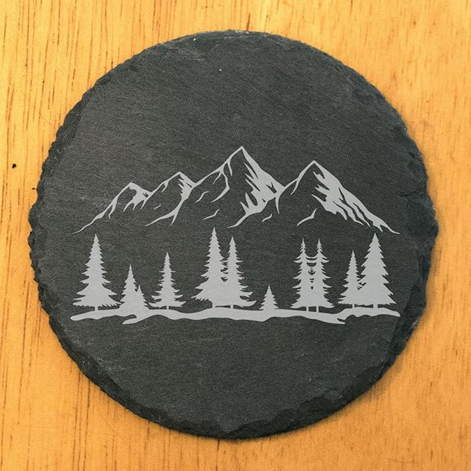 Mountain Majesty Slate Coasters with Stunning Mountain Scene Design - Perfect for Home and Office Decor and Protection of Surfaces, Available in Square or Round Coasters - Round Slate - Set of 8
