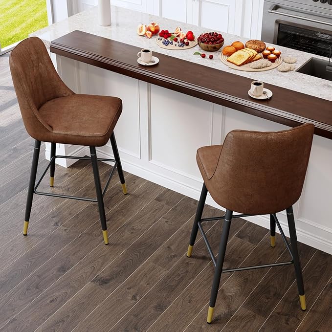 Counter Height Bar Stools Set of 2,Modern Bar Stools Set of 2,Brown Faux Leather Barstools with Back and Footrest,27" Bar Chairs for Kitchen Island,Cafe,Pub,Bar,Dining Room,Hold Up to 500 LBS