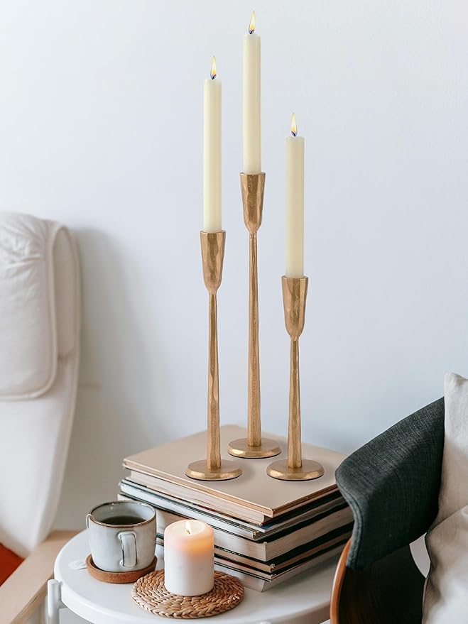 Brass Iron Taper Candle Holder Set of 3, Heavy Wrought Iron Candlestick Holders Decorative Candle Stand, Vintage Candle Holder for Wedding, Dining, Home Decoration