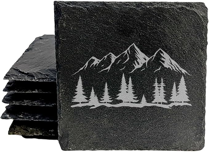 Mountain Majesty Slate Coasters with Stunning Mountain Scene Design - Perfect for Home and Office Decor and Protection of Surfaces, Available in Square or Round Coasters - Square Slate - Set of 4
