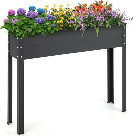 HAPPYGRILL Raised Garden Bed, 31.5” Elevated Planter Box w/Legs, Drainage Hole, Hemming Design, Metal Garden Box for Vegetable Herb, Outdoor Raised Beds for Gardening, Backyard Porch Balcony, Black