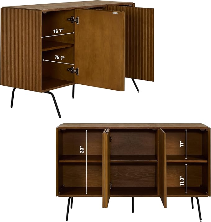 NTC Veil Modern Sideboard with 3 Doors, Buffet Cabinet with Vertical Groove Design and Metal Legs, Storage Cabinet for Living Room, and Hallway, Effortless Assembly - Rustic Oak