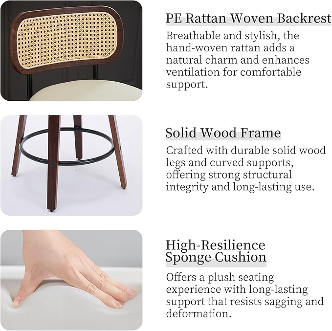 Swivel Counter Height Bar Stools Set of 4, 26 inch Bar Chairs with Curved Rattan Back, Upholstered PU Leather, Walnut Craftsmanship, Mid Century Modern Counter Stools for Kitchen Counter, Beige