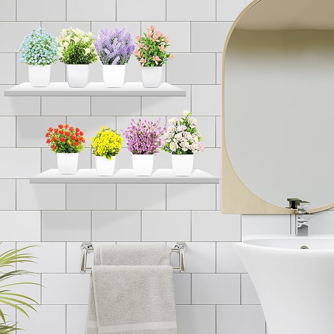 LELEE Artificial Plants Mini Fake Potted Plants, 8 pcs Small Eucalyptus Potted Faux Decorative Grass Plant with Flower for Home Decor, Indoor, Office, Desk, Shelf, Table Decoration