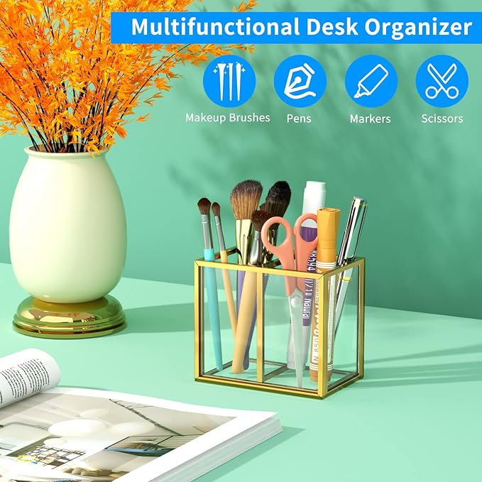 NIUBEE Gold Acrylic Pen Holder for Desk, Clear Pencil Cup Organizer Makeup Brush Holder, Acrylic Desk Organizers and Accessories for Desktop Office - 2 Compartments
