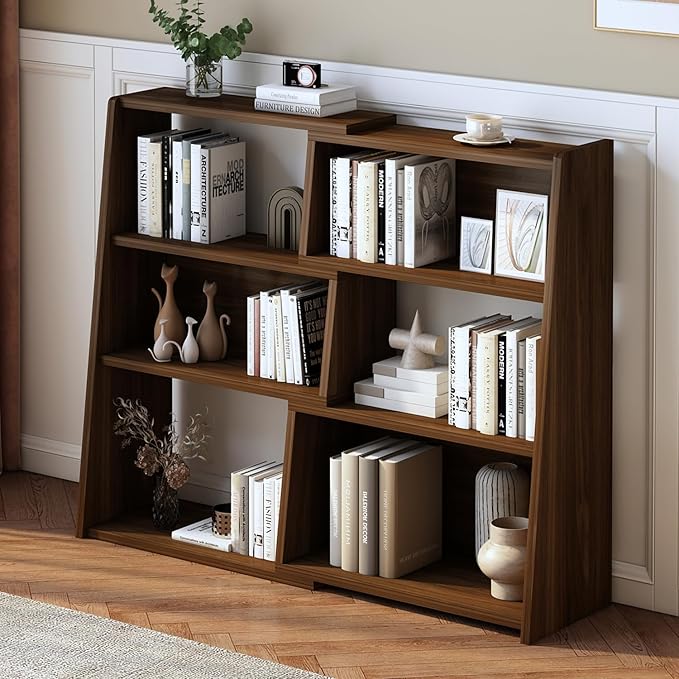 IOTXY Wooden Extendable Shelf Bookcase - 3-Tier Ladder Low Short Bookshelf for Small Space or Corner, Dark Walnut, S