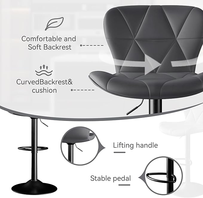 Bar Stools Set of 6,Adjustable Swivel Barstools, Faux Leather Bar Chairs,Upholstered Counter Height with High Backrest for Kitchen Island, Dark Grey