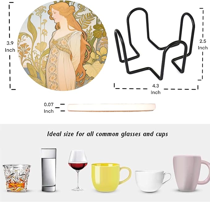 Mucha Style Vintage Floral Woman Coasters Set of 6 with Holder, Absorbent Ceramic Drink Coasters for Home, Office Gifts