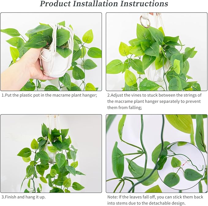 LOYWREE 2 Pack Artificial Hanging Plant Kit with Pot and Hanger - 39" Long Fake Pothos Vines - Hanging Potted Faux Plant Indoor for Wall Ceiling Bedroom Bathroom Living Room Home Decor (White Pot)