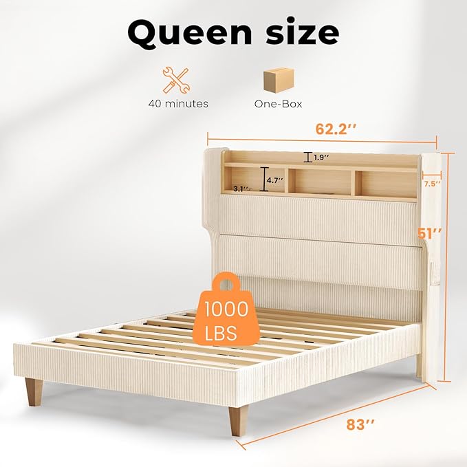 Queen Size Bed Frame with 51" Tall Corduroy Wingback Headboard and Storage Shelf, Upholstered Platform Bed with LED Lights & Charging Station, No Box Spring Needed, Easy Assembly, Cream