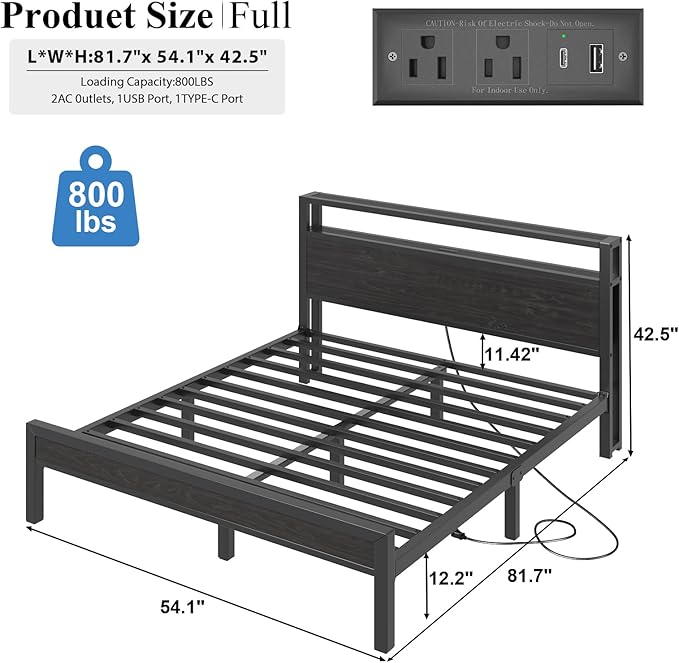Full Size Bed Frame with Storage Headboard, Industrial Platform Bed with Charging Station and LED Lights, Heavy Duty Metal Slats, No Box Spring Need, Noise Free, Black