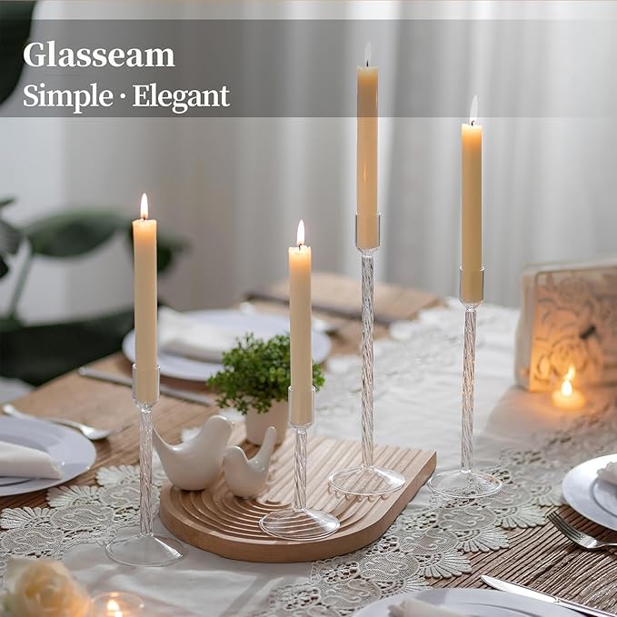 Glasseam Glass Candlestick Holders Clear: Taper Candle Holders Set of 4 Tall Candle Stick Candle Holder for Tapered Candles Decorative Candle Holders for Table Centerpiece Wedding Christmas Home Decor