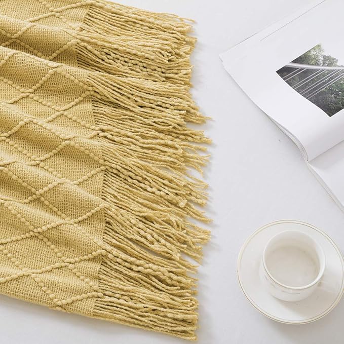BOURINA Mustard Throw Blanket 60x80 Inches Throw Textured Solid Soft Sofa Throw Couch Knitted Decorative Blanket