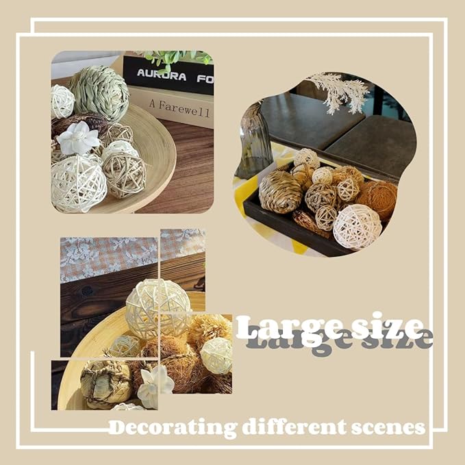 Qingbei Rina Decorative Balls for Centerpiece Bowls, Wicker Rattan Balls Decorative, Assorted Bowl Vase Fillers, Decorative Orbs Woven Spheres, Wedding Table Home Decor(Brown)