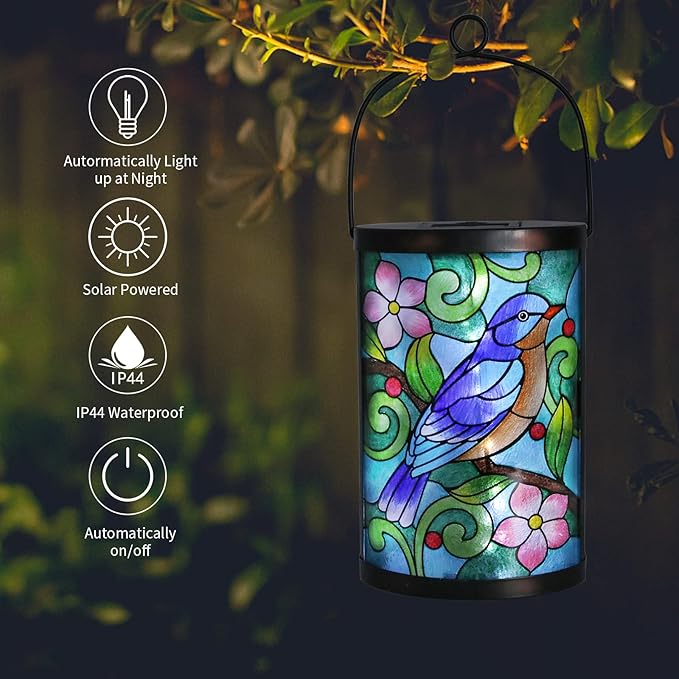Afirst Hanging Solar Lantern - Decorative Outdoor Glass Solar Bird Lights Waterproof Led Tabletop Lamp for Garden Yard Patio Decor
