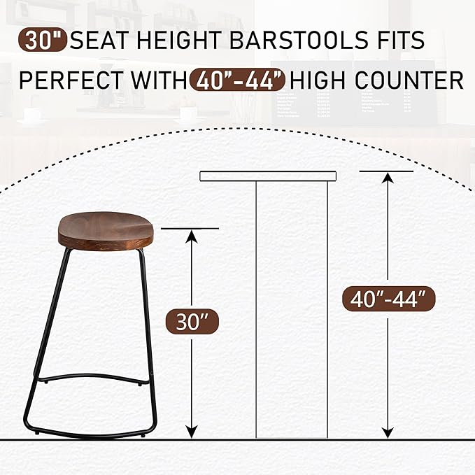 HeuGah Bar Stools, Solid Wood Barstools Set of 2, 30" Bar Height Bar Stools with Metal Leg, Rustic Backless Bar Stool for Kitchen Island, Bar Chairs with Solid Wood Saddle Seat (Walnut, 30 Inch)