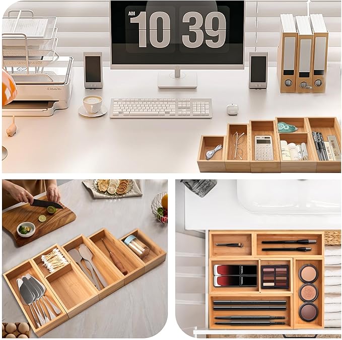 Bamboo Drawer Organizer 5 Pcs for Kitchen Multi-purpose Storage Dividers for Kitchen, Office, Jewelry, Cosmetics, Wooden Drawer Dividers for Drawer Organizer Desk Organizer Gift for Women Gifts Idea