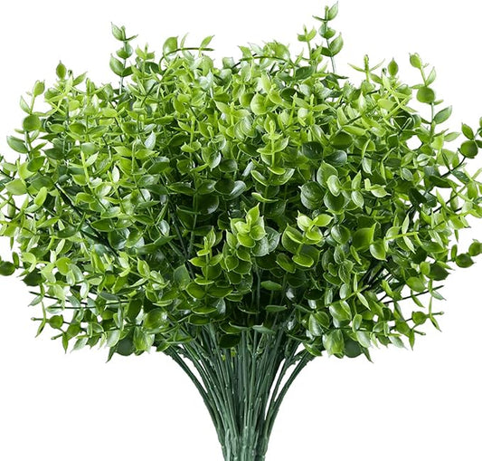 10PCS Artificial Eucalyptus Plants,Fake Boxwood Shrubs UV Resistant No Fade Faux Plastic Greenery for Wedding Bridal Bouquet Indoor Outdoor Home Garden Kitchen Office Table Vase(Green)