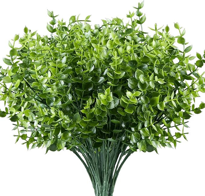24PCS Artificial Eucalyptus Plants,Fake Boxwood Shrubs UV Resistant No Fade Faux Plastic Greenery for Wedding Bridal Bouquet Indoor Outdoor Home Garden Kitchen Office Table Vase(Green)
