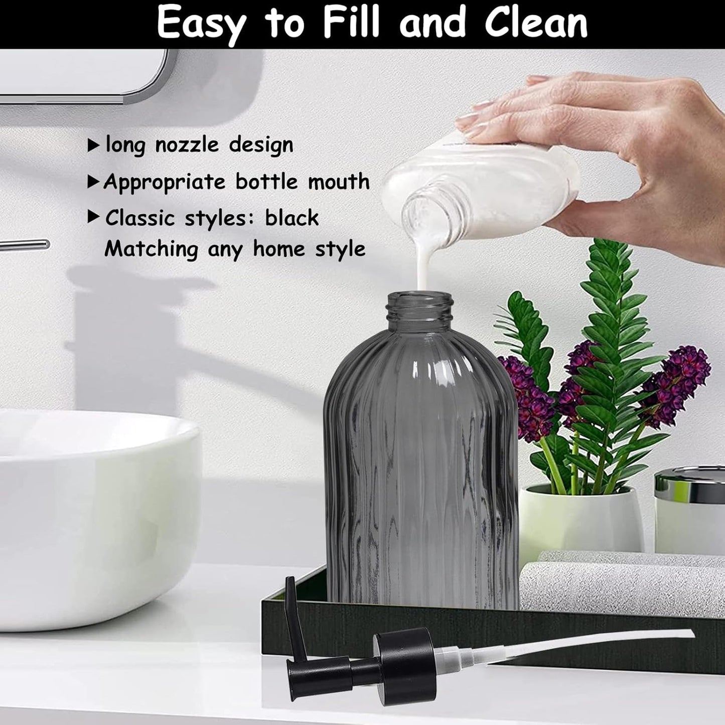 Gray Glass Soap Dispenser Set with Black Pump, 13.5oz Refillable Liquid Hand Soap Dispenser, Lotion Dish Soap Dispenser for Modern Home Decor, Bathroom, Kitchen Countertop, Hotel(2 Pack)