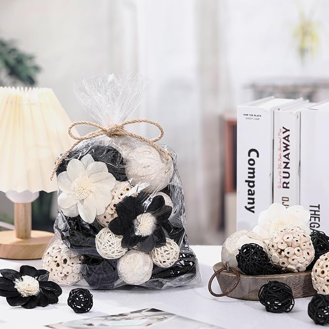 Riceshoot 2 Pack Decorative Balls Potpourri Bowl Filler Decor Natural Vase Bowl Filler Assorted Spherical Rattan Twigs Wicker Balls Cotton for Home Centerpiece(Black)