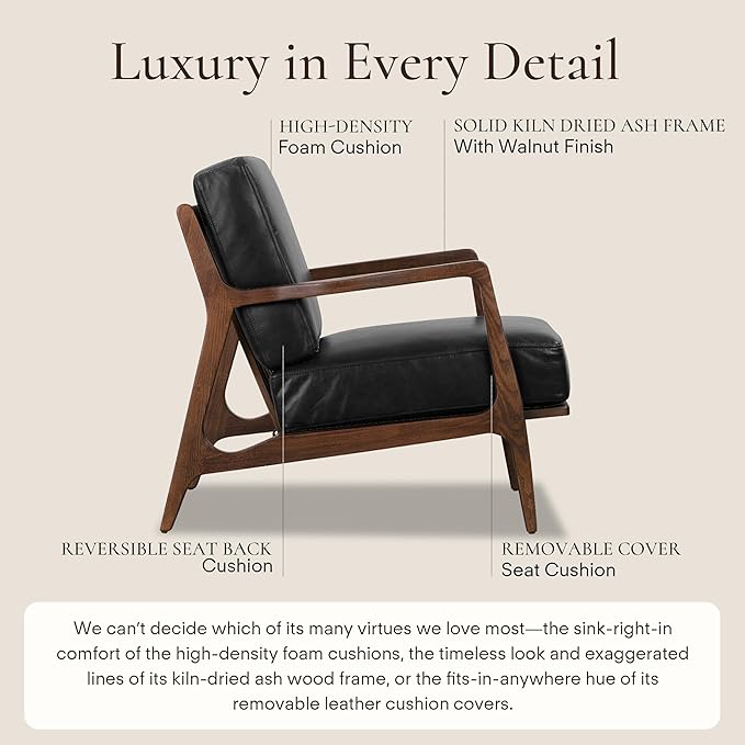 POLY & BARK Verity Leather Accent Chair – Armchair with Walnut Wood Frame – Fashion-Forward Lounge Seating for Living Room – Upholstered in Onyx Black Leather for Modern Style