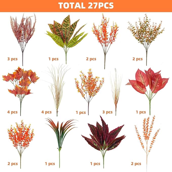 GTIDEA 27 Bundles Artificial Fall Flowers for Outdoors Decoration UV Resistant Fake Outdoor Fall Plants Autumn Plastic Flowers for Planters Window Box Garden Porch Indoor Home Thanksgiving Decor