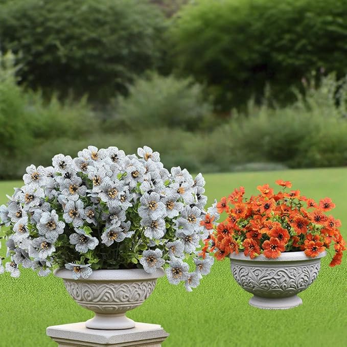 12 Bundles UV Resistant Artificial Outdoor Flowers Fake Silk Flowers Faux Plastic Plants Garden Porch Window Box Table Vase Home Decoration White