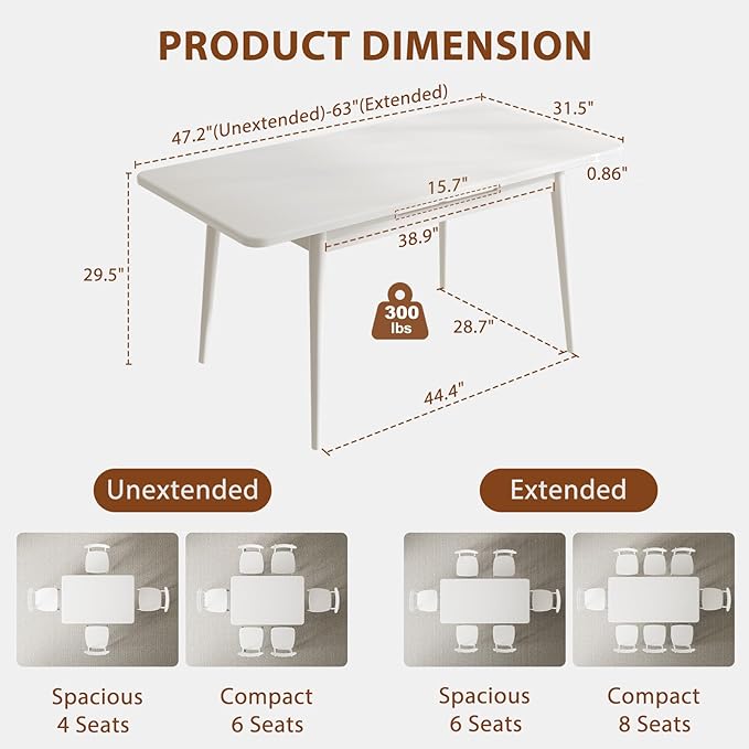 Solid Wood Extendable Dining Table for 4-8 People with Seamless Extension from 47.2 to 63 Inches, Easy Assembly, Expandable Tables for Small Spaces, Dining Room, Kitchen, Living Room, White