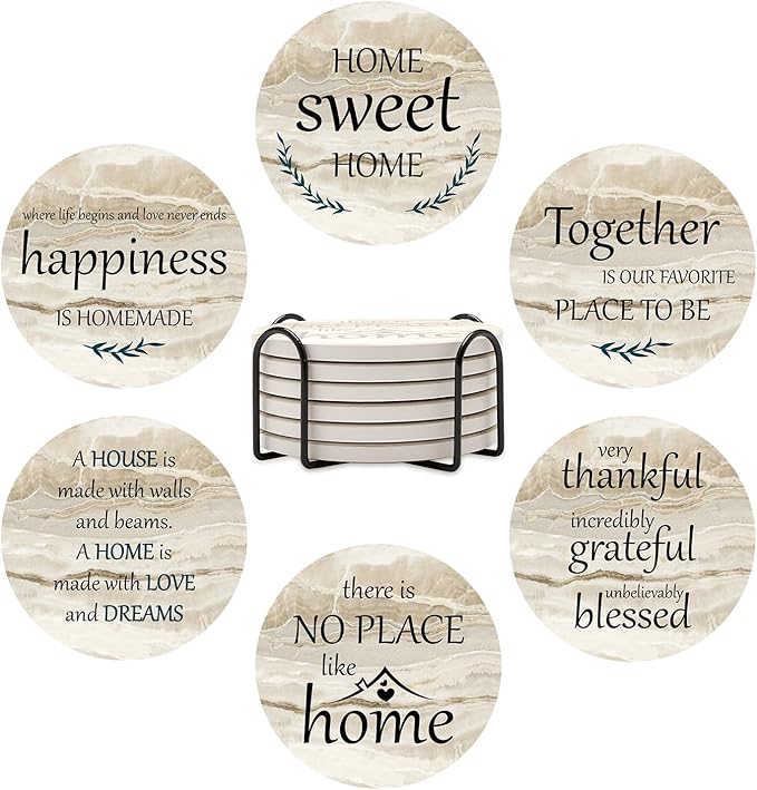 Best Housewarming Gifts for New Home Drink Ceramic Coasters Set of 6 Farmhouse Coffee Table Decor Outdoor Coaster Set with Holder Cup Coasters Decorative Christmas Home Gift for Family House