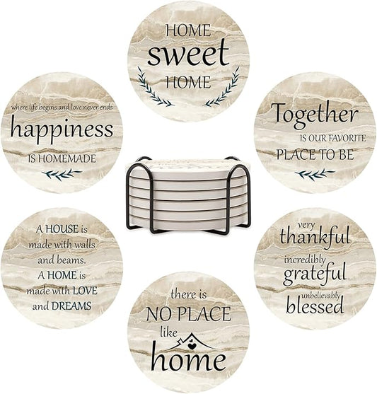 Best Housewarming Gifts for New Home Drink Ceramic Coasters Set of 6 Farmhouse Coffee Table Decor Outdoor Coaster Set with Holder Cup Coasters Decorative Christmas Home Gift for Family House