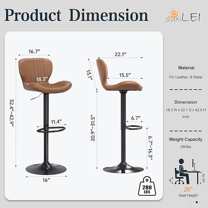 SUNLEI Swivel Swivel Bar Stools Set, Barstools Counter Height with Shell Shaped Backrest, Adjustable Moder Stools Pu Leather Bar Stool for Kitchen Counter, Island, Bars, Dining Room(Brown, Set of 6)