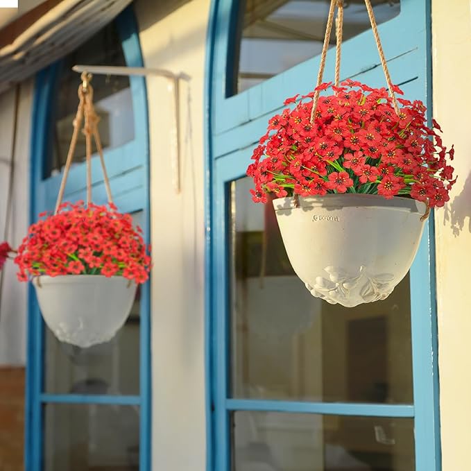 Outdoor Artificial Flowers 21 UV Resistant Bundles Fake Flower Plastic Plants Faux Silk Flowers Porch Hanging Garden Porch Window Box Decorating (Red)